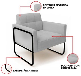 Poltrona Sala Industrial Alta Tubo Preto Elisa Linho D03 - D'Rossi - Cinza