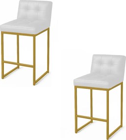 Banqueta Cozinha Alta com Encosto Industrial Kit 2 Dourado Lirina PU Branco C05 - D'Rossi