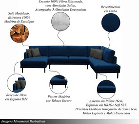Sofá Decorativo Sala de Estar Osaka 310cm Modulado em U com Almofadas Pés em Madeira Linho Azul Marinho G89 - Gran Belo