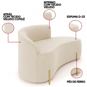 Sofá 3 Lugares Orgânico 180cm Pé Dourado Morgan Veludo/Cotelê D03 - D'Rossi - Bege