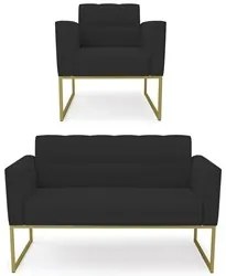 Sofá Namoradeira e 1 Poltrona Base Industrial Dourado Ana Veludo Preto