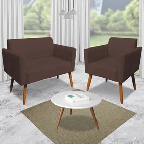 Poltrona Namoradeira Decorativa Isabella Pés Palito Madeira Suede Marrom G19 - Gran Belo