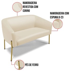 Sofá 2 Lugares Namoradeira Pé de Ferro Dourado Stella Sintético D03 - D'Rossi - Bege