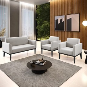 Sofá Namoradeira com 2 Poltronas Base de Madeira Fixa Preto Marisa Veludo - Cinza