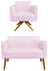 Kit 01 Namoradeira 02 Lugares e 01 Poltrona Marisa Suede Rosa Bebê Base Giratória Madeira MA30 D'Rossi
