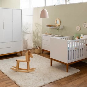 Kit Quarto Theo com Pés Square Mel - Berço + Cômoda 3 Gavetas + Guarda-Roupa 3 Portas - Branco