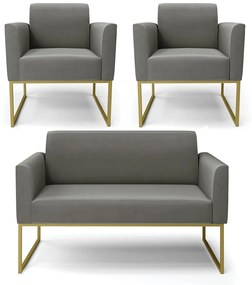 Sofá Namoradeira com 2 Poltronas Base Industrial Dourado Marisa Suede D03 - D'Rossi - Grafite