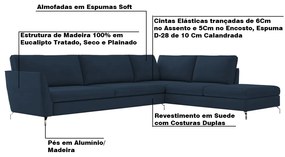 Sofá de Canto Chaise Direito 307 cm Olívia Suede Azul G52 - Gran Belo