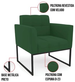 Kit 1 Sofá Namoradeira e 1 Poltrona Elisa Veludo Base Metálica Industrial Preto D03 - D'Rossi - Verde