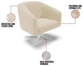 Poltrona Decorativa Giratória Cromada Stella Linho Areia D03 - D'Rossi