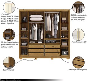 Guarda Roupa Casal Madesa 6 Portas 2 com Espelhos Bater 6 Gavetas com Cabideiros MDF Nature/OffWhite G98 Gran Belo