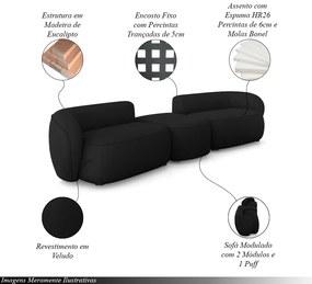Sofá Versátil Sala de Estar Egito 362cm Modulado Veludo Preto G52 - Gran Belo