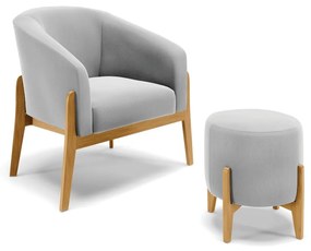 Poltrona com Puff Base de Madeira Stella Suede Cinza D03 - D'Rossi