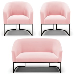 Namoradeira e 2 Poltronas Industrial Preto Stella Suede D03 - D'Rossi - Rosa Bebê
