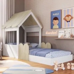 Cama Solteiro Infantil Montessoriana Casinha Nana Branco/Carvalho C06
