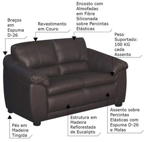 Sofá 2 Lugares Sala de Estar Veneza Couro Marrom G58 - Gran Belo