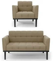Sofá Namoradeira e 1 Poltrona Base Madeira Preto Ana Suede Marrom RT -