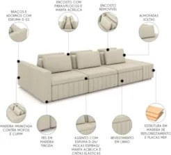 Sofá Ilha e Puff Sala Living 335cm Siesta M22 Linho Areia    - Mpozena