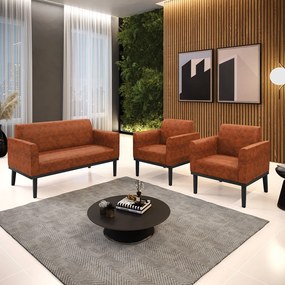 Sofá Namoradeira com 2 Poltronas Base de Madeira Fixa Preto Marisa Corano Nozes