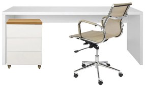 Conjunto Bancada Contemporânea 1,80m - Louro Freijó + Módulo Contemporâneo 3 Gavetas – Louro Freijó e Branco + Cadeira de Escritório Noruega - Cobre