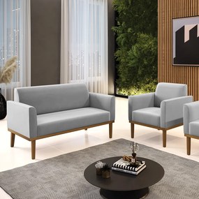 Conjunto Poltrona e Namoradeira Decorativa Isabella Pés Fixo em Madeira Castanho Suede Cinza G19 - Gran Belo