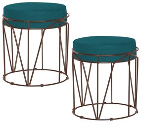Kit 2 Puffs Decorativo Sala de Estar Base Bronze Chloe Suede Azul Claro G41 - Gran Belo