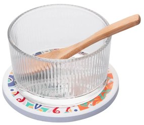 Jogo 3 Peças Petisqueira Redonda Vidro Colher De Bambu E Suporte Ladrilho 12x10x6,5cm 20823 Wolff