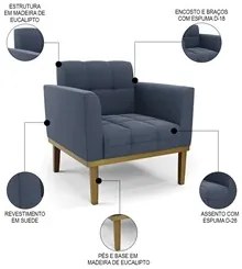 Sofá Namoradeira e 1 Poltrona Base Madeira Castanho Ana Suede Azul Mar