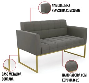 Kit 1 Sofá Namoradeira e 2 Poltronas Elisa Suede Base Metálica Industrial Dourado D03 - D'Rossi - Grafite