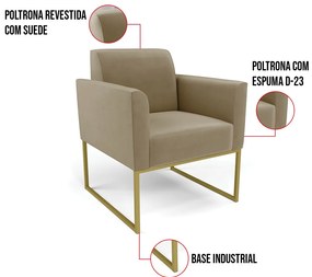 Kit 2 Poltronas Base Industrial Dourado Marisa Suede - Marrom Rato