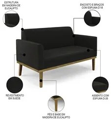 Sofá Namoradeira e 1 Poltrona Base Madeira Castanho Maressa Suede Pret