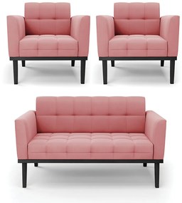 Conjunto 2 Poltronas e 1 Namoradeira Decorativa Karen Pés Fixo em Madeira Preto Suede Rose G19 - Gran Belo