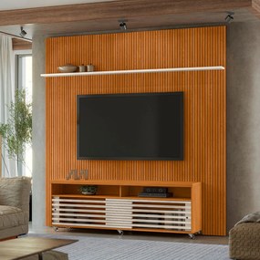 Painel TV 75 Pol 238cm Ripado Kalven com Rack Bancada Nerion Cinamomo/Off White M20 - D'Rossi