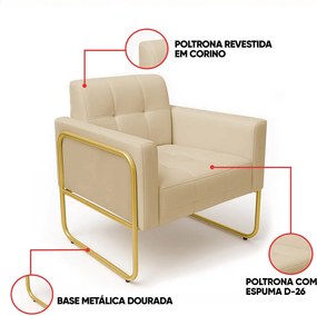 Poltrona Sala Industrial Alta Tubo Dourado Elisa Sintético D03 - D'Rossi - Bege