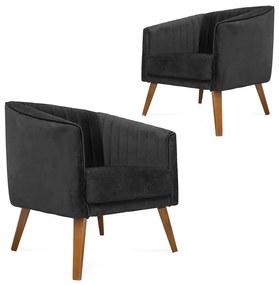 Kit 2 Poltronas Decorativas Dalia Pés de Madeira Suede Preto - Sheep Estofados - Preto