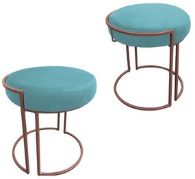 Puff Redondo Base Industrial Cobre Kit 2 Love Suede - Azul Turquesa