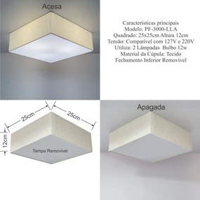 Plafon Quadrado Md-3000 Cúpula em Tecido 25x25x12cm Linho Bege - Bivolt