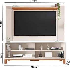 Painel TV 65 Pol 180cm com Rack Bancada para Sala Visari C01 - D'Rossi - Off White/Freijó