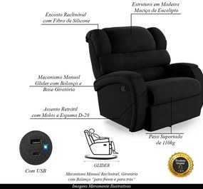 Poltrona do Papai Sala de Cinema Reclinável Kylie Glider Manual Giratória USB Veludo Preto G23