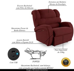 Poltrona do Papai Sala de Cinema Reclinável Kylie Power Touch USB Veludo Vinho G23