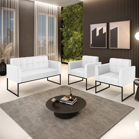Kit 1 Sofá Namoradeira e 2 Poltronas Elisa Corino Branco Base Metálica Industrial Preto - D'Rossi