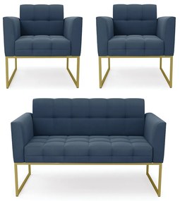 Kit 1 Sofá Namoradeira e 2 Poltronas Elisa Suede Azul Marinho Base Metálica Industrial Dourado - D'Rossi