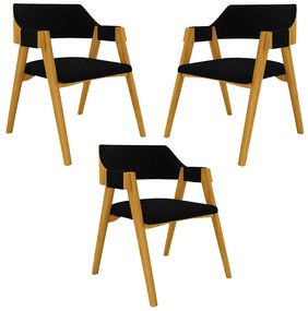 Kit 3 Cadeiras Sala de Jantar e Jogos Carteados Madeira Maciça Poker Veludo Preto/Mel G42 - Gran Belo