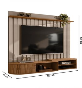 Painel TV 75 Pol 207cm Bancada Suspensa para Sala Elvano Fendi/Naturale M20 - D'Rossi
