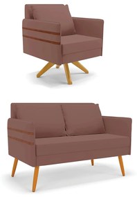 Kit 01 Namoradeira 02 Lugares e 01 Poltrona Mari Veludo Base de Madeira MA30 - Rose