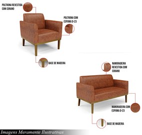 Conjunto 2 Poltronas e 1 Namoradeira Decorativa Isabella Pés Fixo em Madeira Castanho PU Nozes G19 - Gran Belo