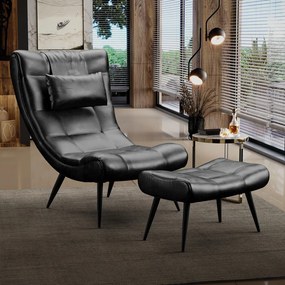 Poltrona Sala Decorativa e 01 Puff Sher Pé Palito Ferro Sintético PU D03 - D'Rossi - Preto