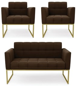 Kit 1 Sofá Namoradeira e 2 Poltronas Elisa Suede Base Metálica Industrial Dourado - D'Rossi - Marrom