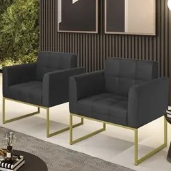 Poltrona Base Industrial Dourado Kit 2 Ana Sintético Preto - Ibiza