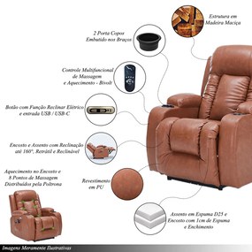Poltrona do Papai Reclinável Elétrica Austin com Massagem Aquecimento e Porta Copos Entrada USB/USB-C PU Caramelo G94 - Gran Belo